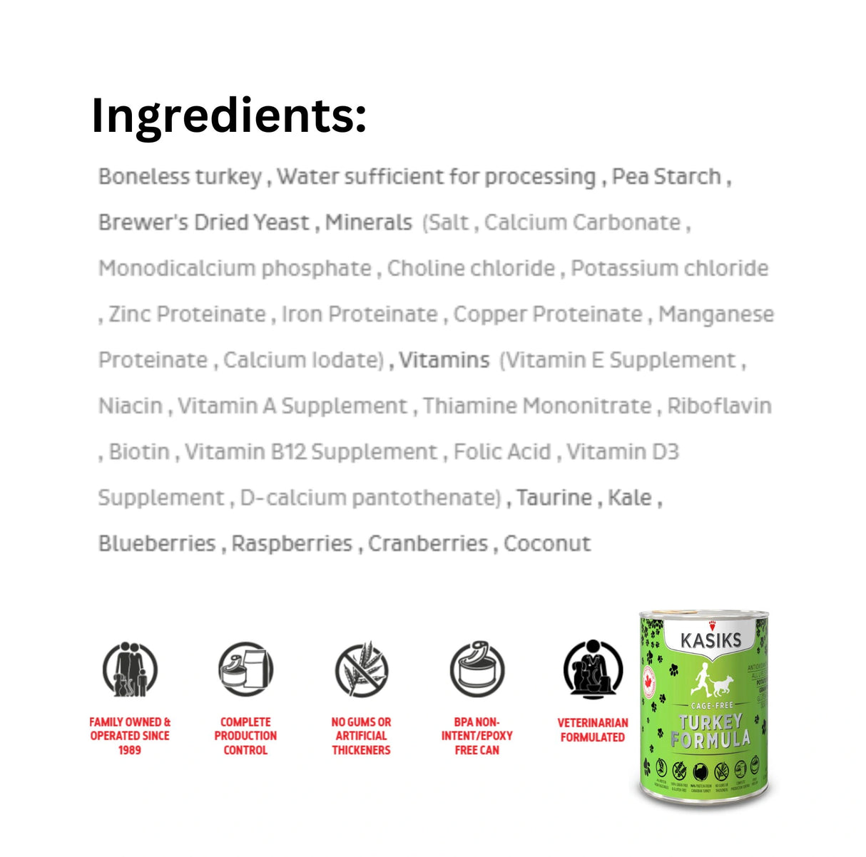 List of Ingredients of First Mate Cage-Free 12.2 oz Turkey Formula Canned Dog Food with icons
