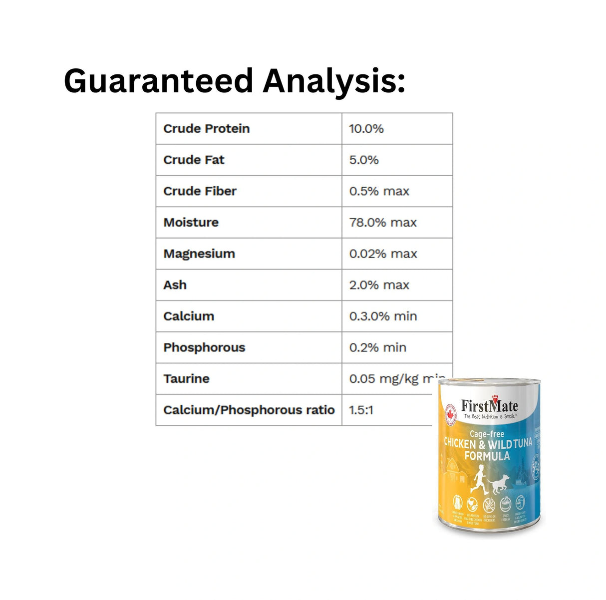 Guaranteed Analysis of First Mate Grain-Free 12.2 oz Chicken and Tuna Canned Dog Food