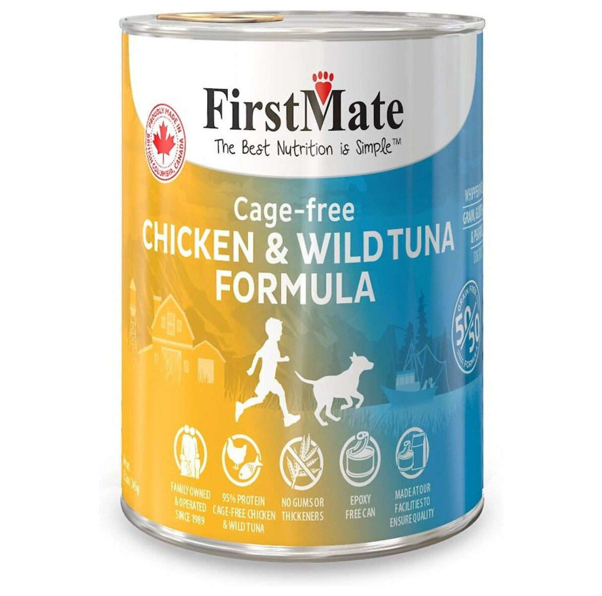 A back view of First Mate Grain-Free 12.2 oz Chicken and Tuna Canned Dog Food on a white background