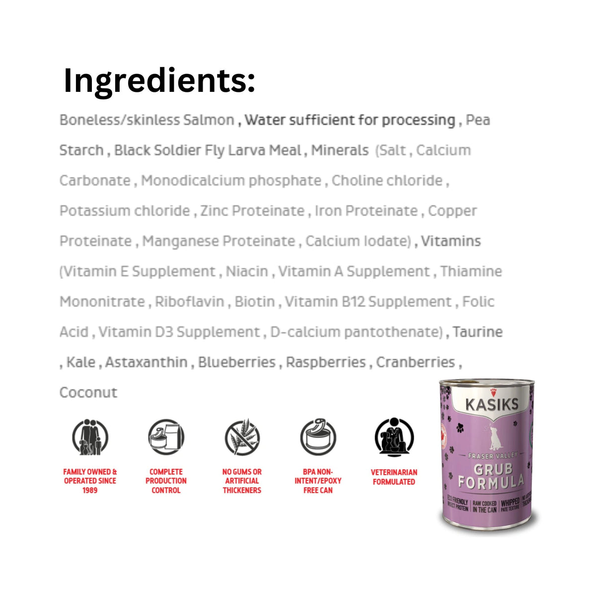 List of Ingredients of First Mate Grain-Free 12.2 oz Grub Formula Canned Dog Food with icons