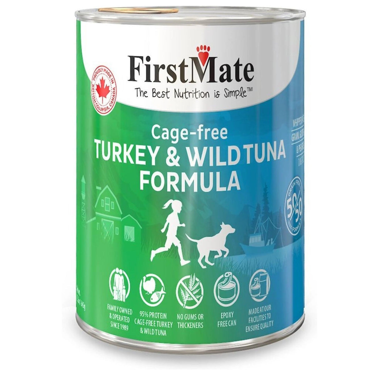 A front view of First Mate Grain-Free 12.2 oz Turkey and Tuna Canned Dog Food on a white background