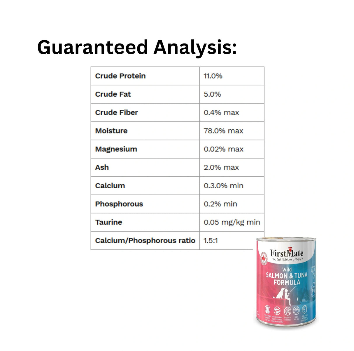 Guaranteed Analysis of First Mate Grain-Free 12.2 oz Wild Salmon and Tuna Canned Dog Food