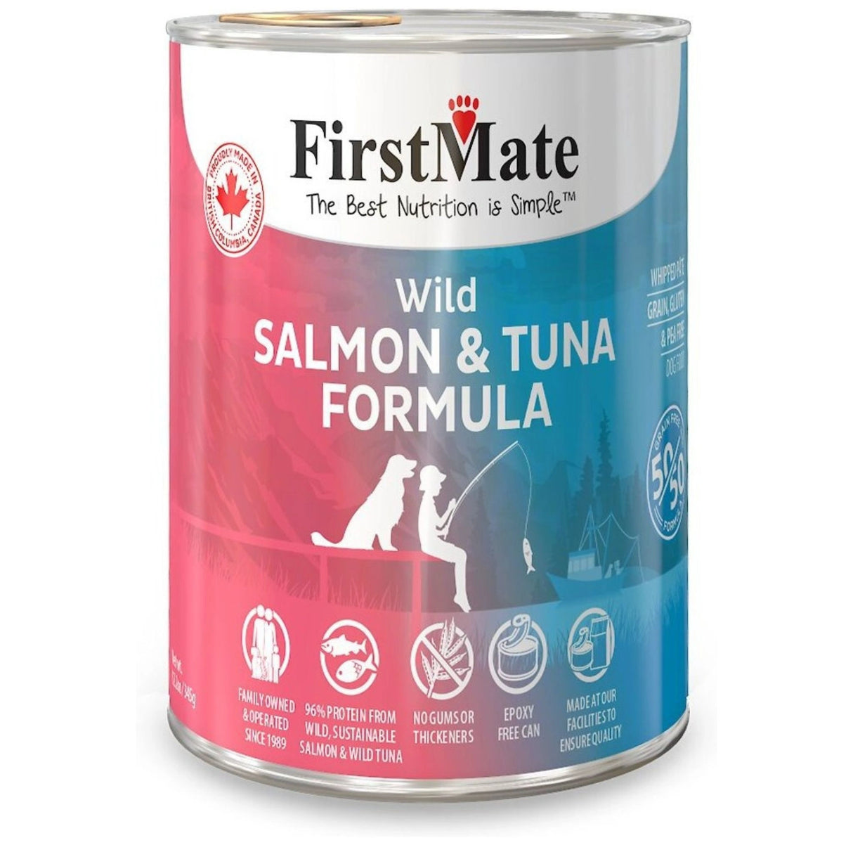 A front view of First Mate Grain-Free 12.2 oz Wild Salmon and Tuna Canned Dog Food on a white background
