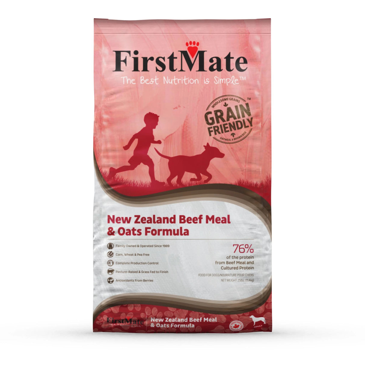A bag of first mate new Zealand dog food on a white background.