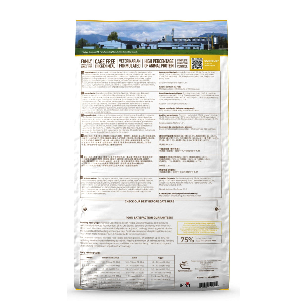 Back part of a bag of First Mate Cage Free Chicken Meal and Oats Formula Dog Food on a white background showing nutritional information