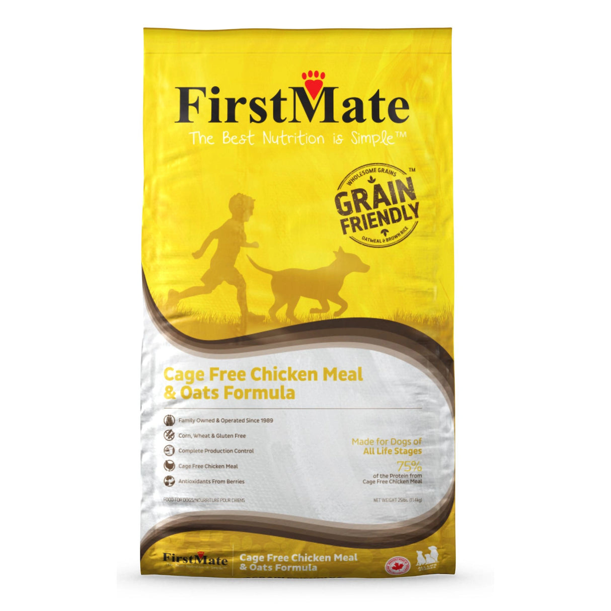 Front part of a bag of First Mate Cage Free Chicken Meal and Oats Formula Dog Food on a white background