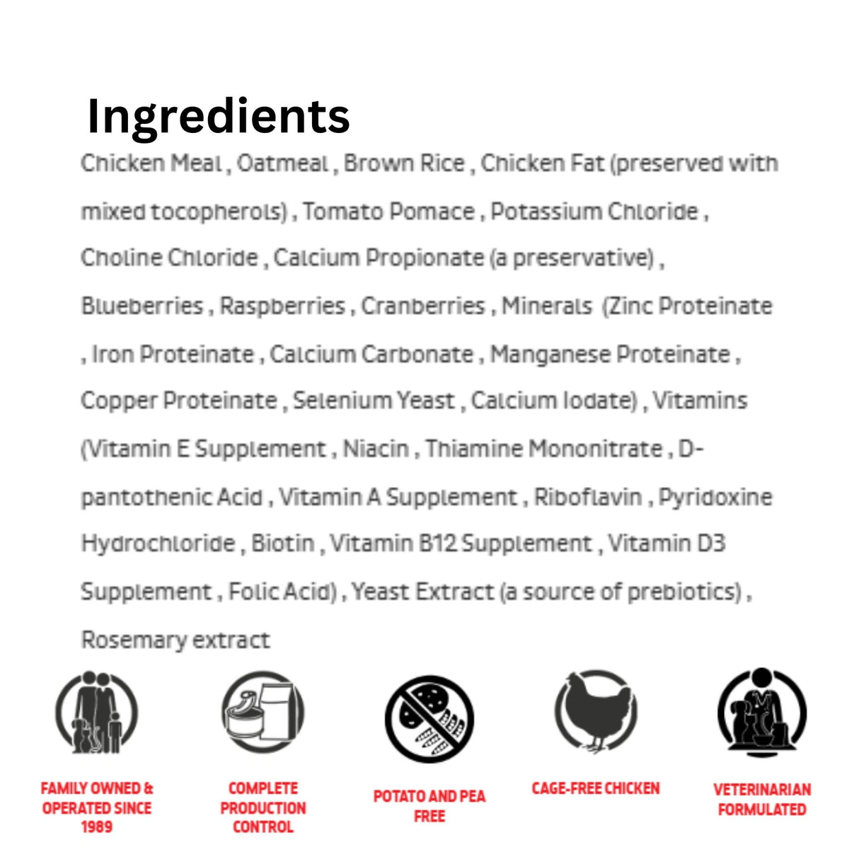 A list of ingredients used in First Mate Cage Free Chicken Meal and Oats Formula Dog Food with icons