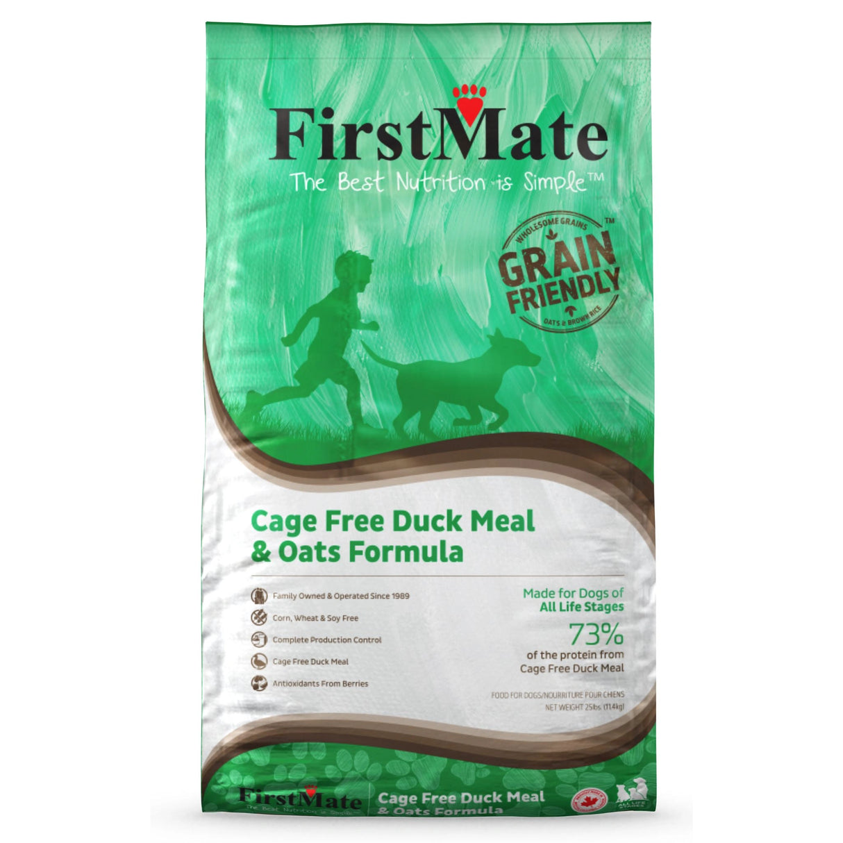 Front part of a bag of First Mate Cage Free Duck and Oats dog food on a white background