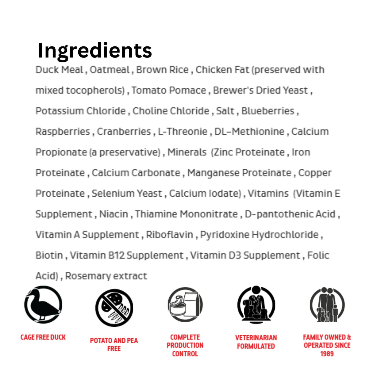 A visual list of ingredients used in First Mate Cage Free Duck and Oats dog food with icons