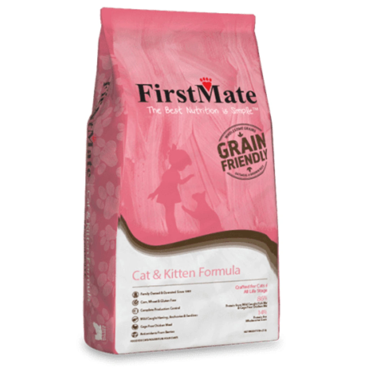 Front part of a bag of First Mate Cat and Kitten Formula Cat Food on a white background