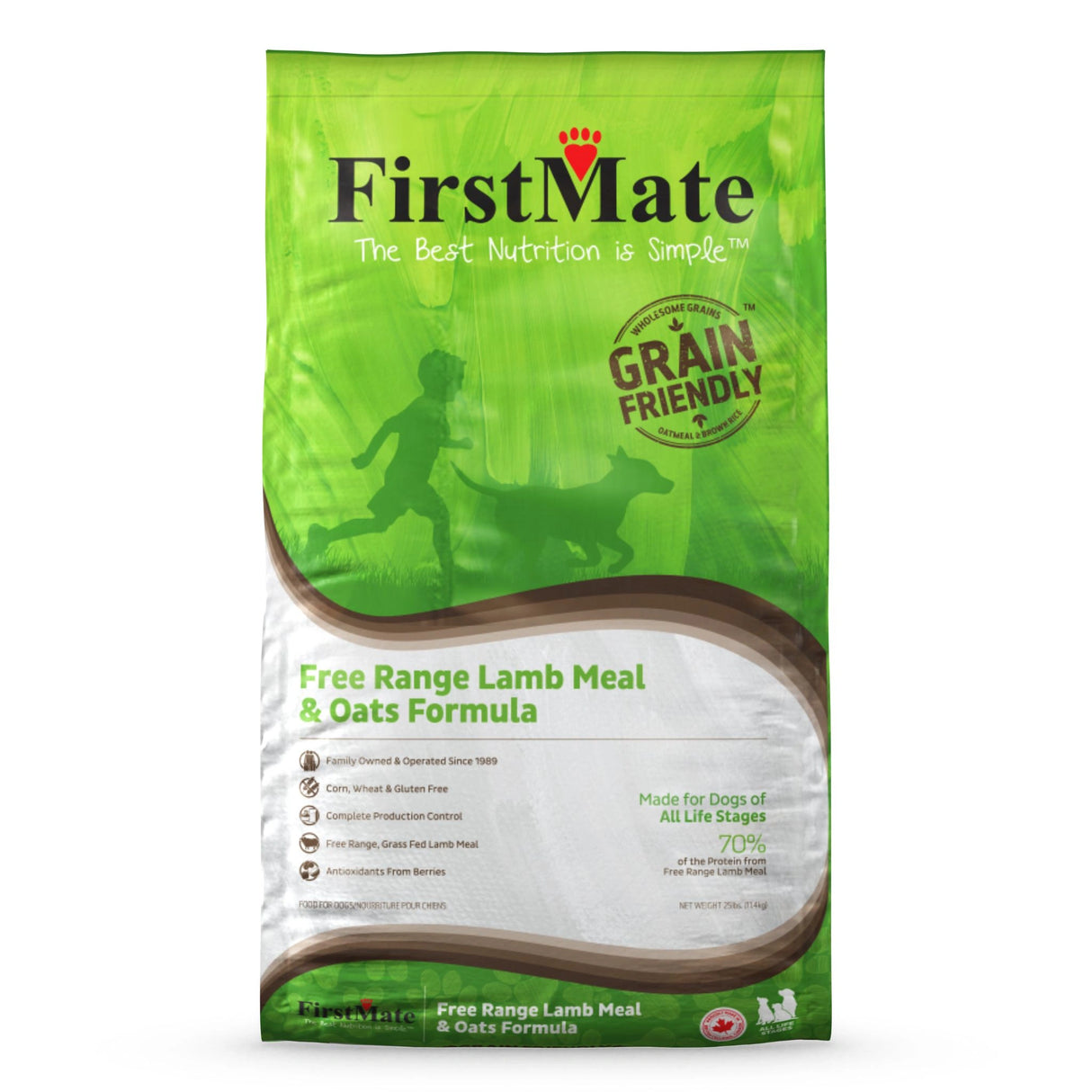 Front part of a bag of First Mate Free Range Lamb and Oats Formula Dog Food on a white background