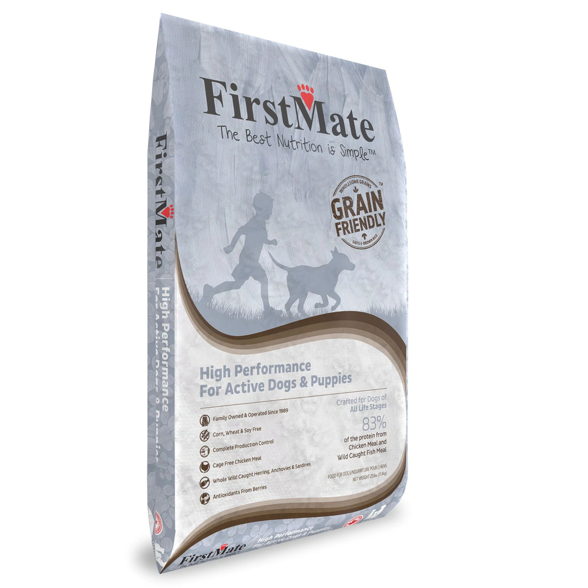 Front part of a bag of First Mate High Performance for Active Dogs and Puppies Dog Food on a white background