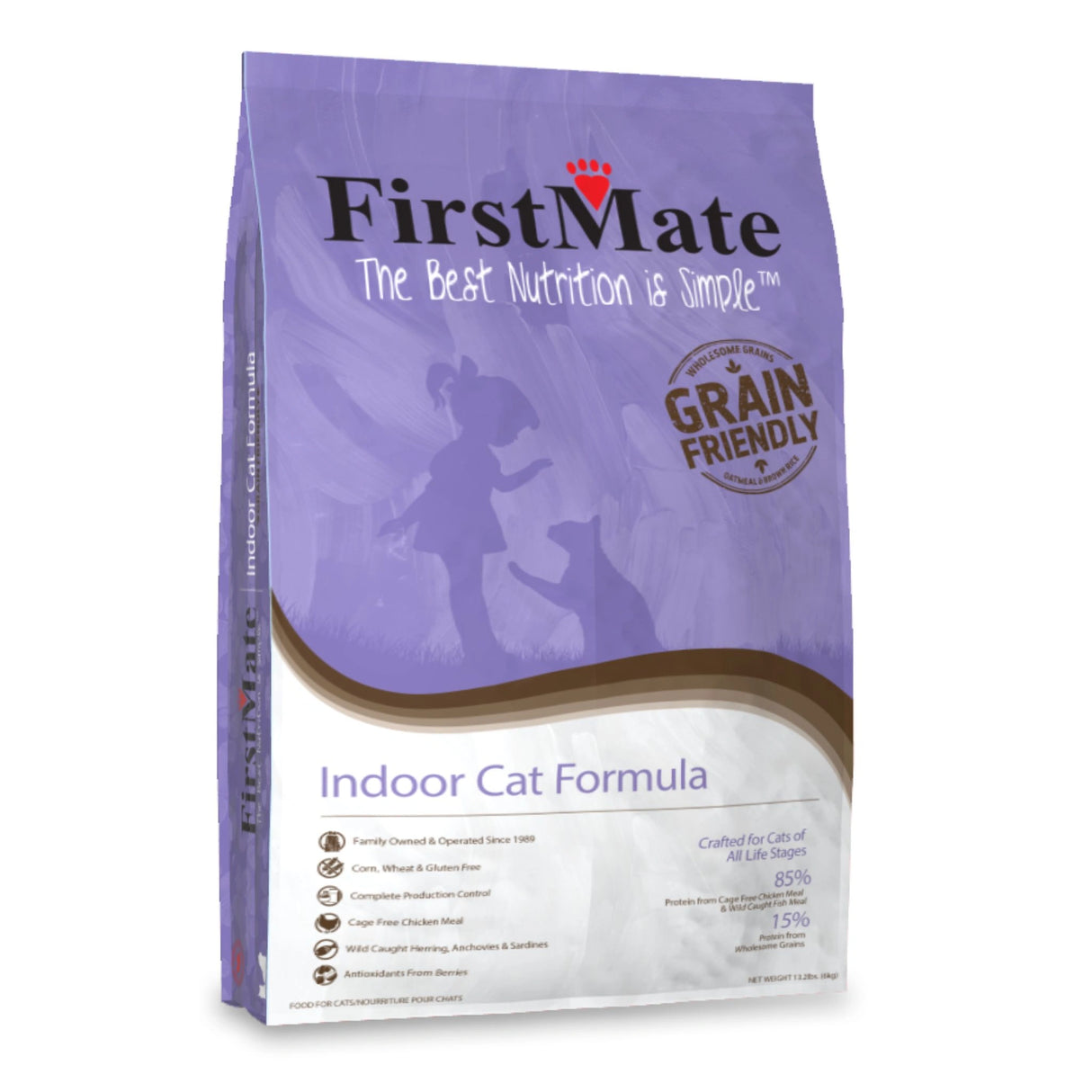 Front view of a bag of First Mate Indoor Cat Formula Cat Food on a white background