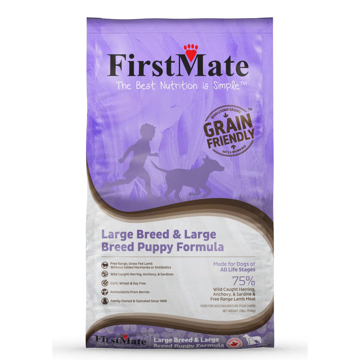Front part of a bag of First Mate Large Breed and Puppy Formula Dog Food on a white background