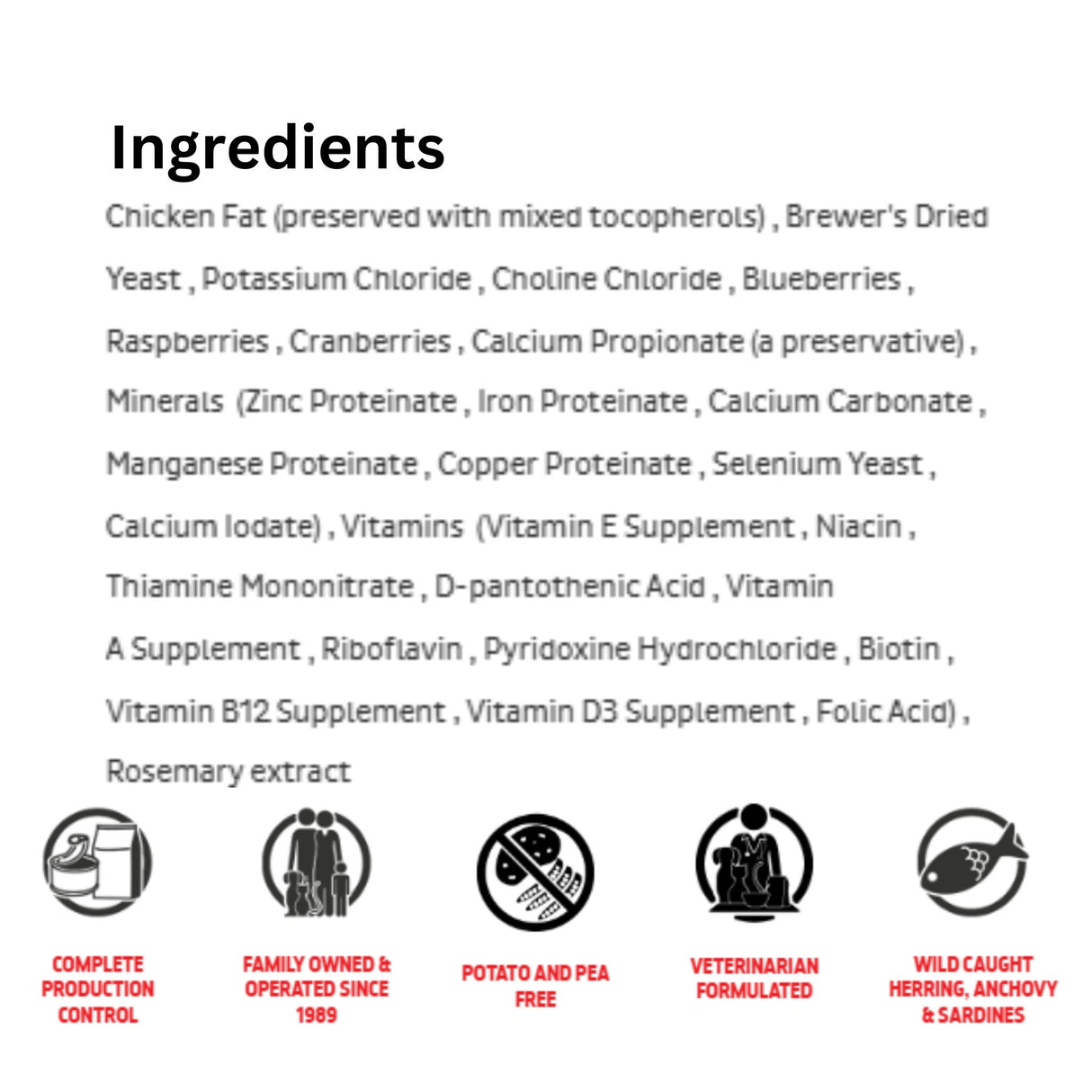 A list of ingredients used in First Mate Grain Friendly Senior/Weight Control Formula Dog Food with icons