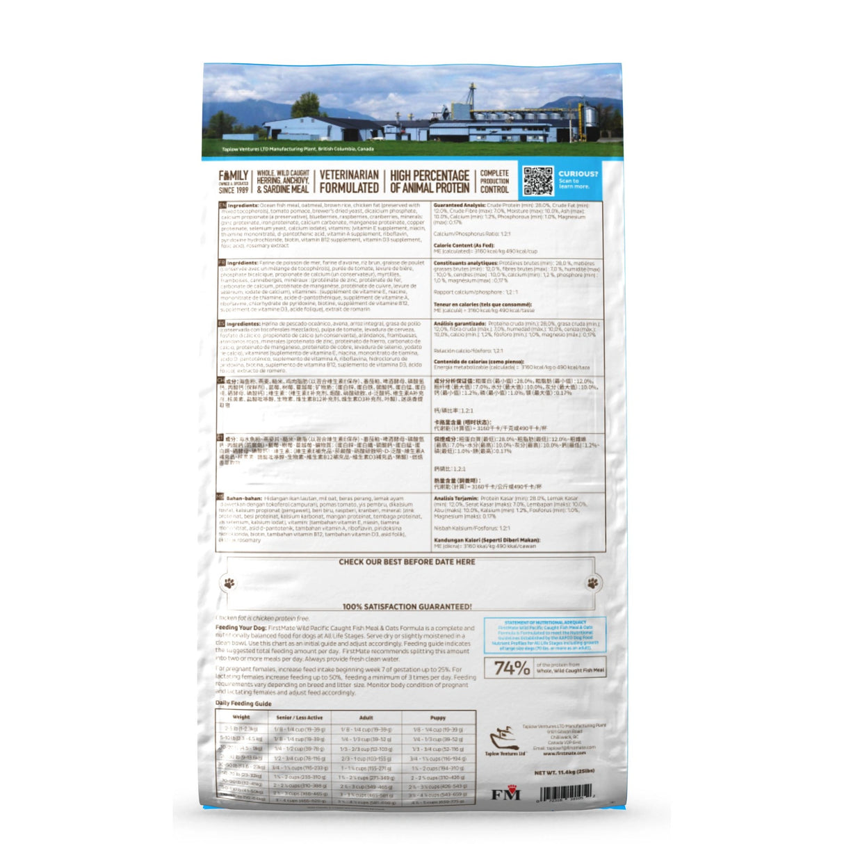 Back part of a bag of First Mate Wild Pacific Caught Fish and Oats Formula Dog Food on a white background showing nutritional information