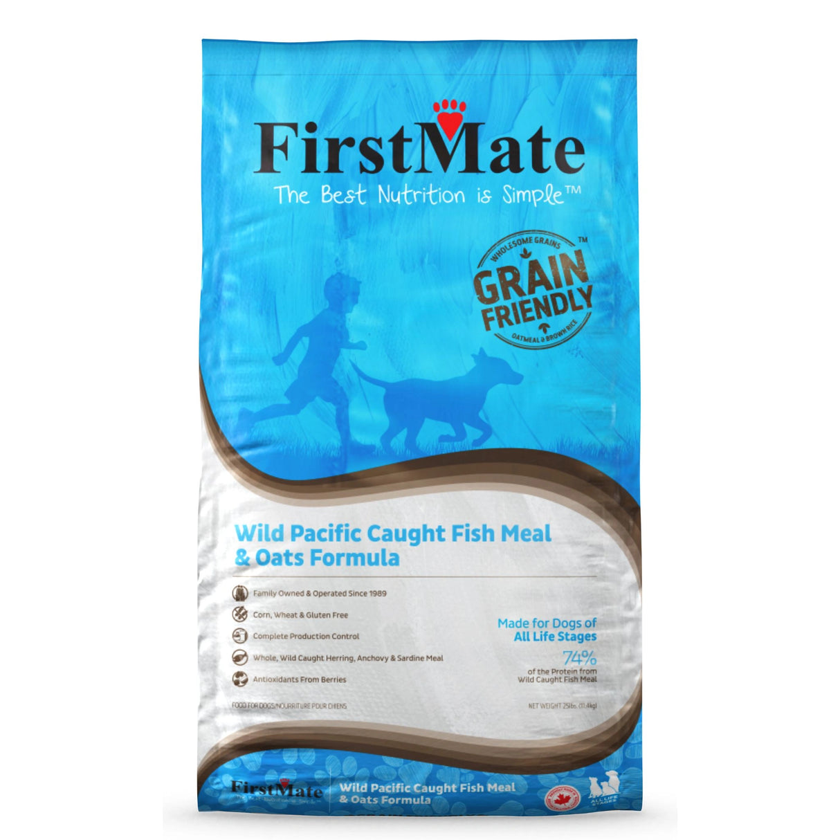 Front part of a bag of First Mate Wild Pacific Caught Fish and Oats Formula Dog Food on a white background