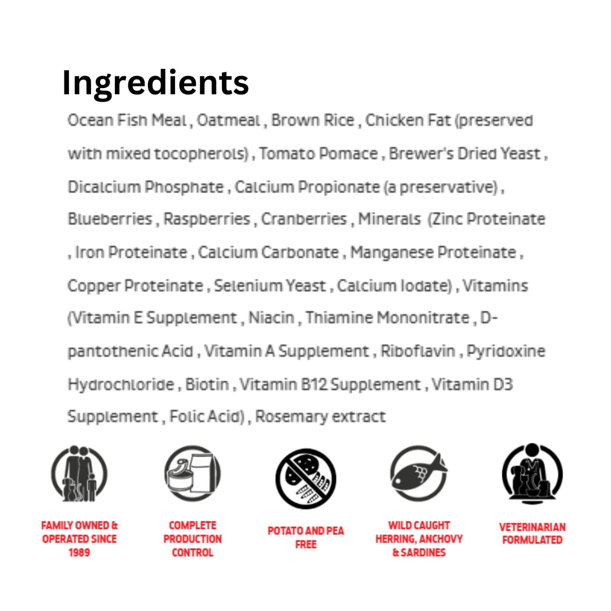 A list of ingredients used in First Mate Wild Pacific Caught Fish and Oats Formula Dog Food with icons