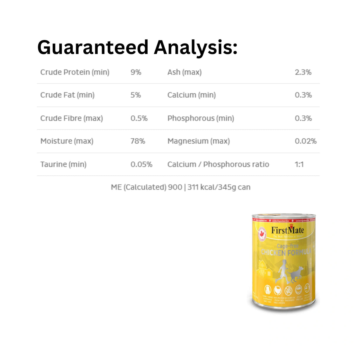 Guaranteed Analysis of First Mate Limited Ingredient 12.2 oz Cage-Free Chicken Canned Dog Food