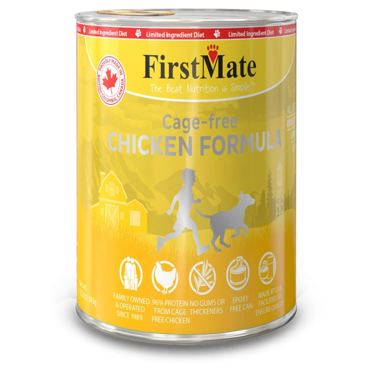 A front view of First Mate Limited Ingredient 12.2 oz Cage-Free Chicken Canned Dog Food on a white background