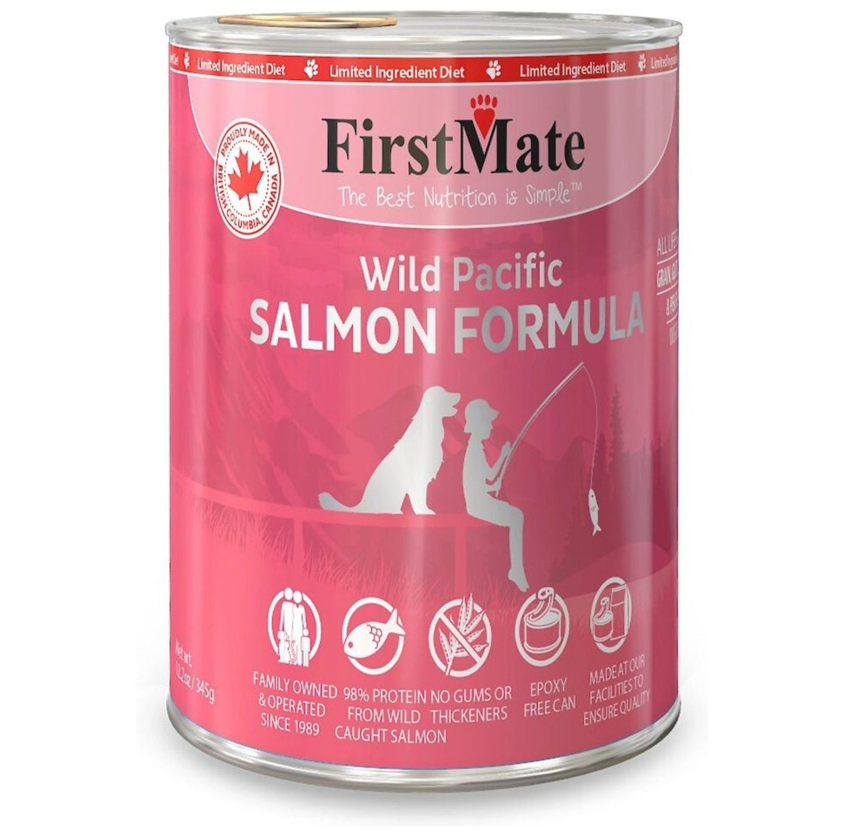 A front view of First Mate Limited Ingredient 12.2 oz Wild Pacific Salmon Canned Dog Food on a white background