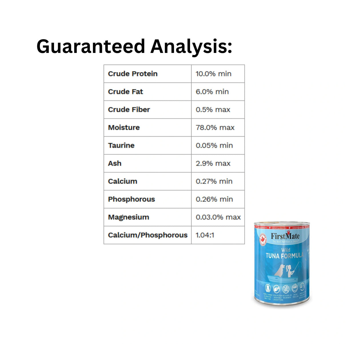 Guaranteed Analysis of First Mate Limited Ingredient 12.2 oz Wild Tuna Canned Dog Food