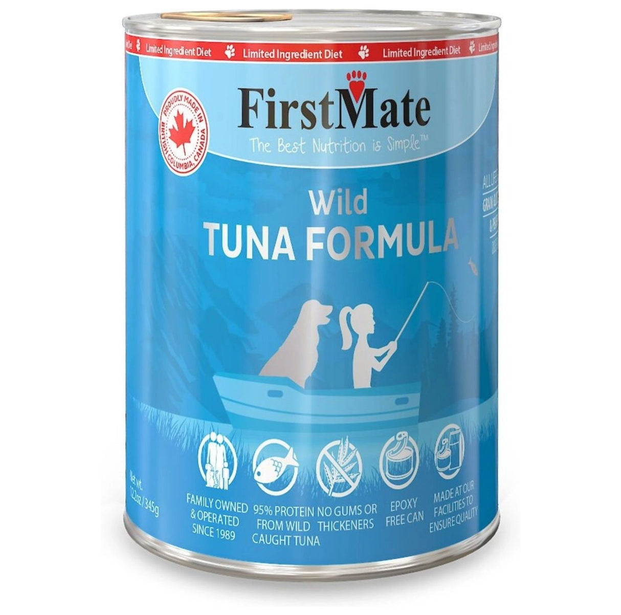 A front view of First Mate Limited Ingredient 12.2 oz Wild Tuna Canned Dog Food on a white background