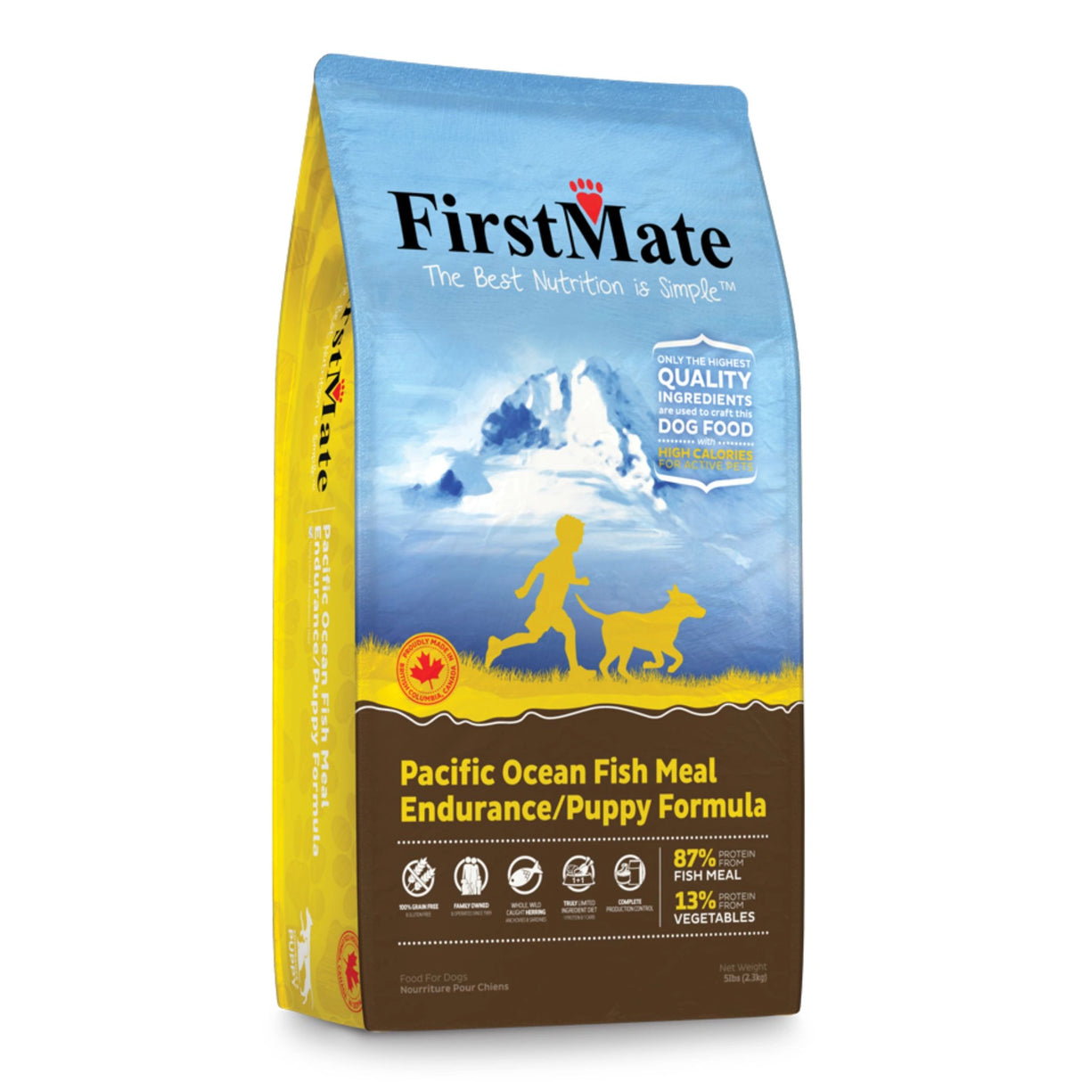 Front part of a bag of First Mate Pacific Ocean Fish Meal Dog Food on a white background
