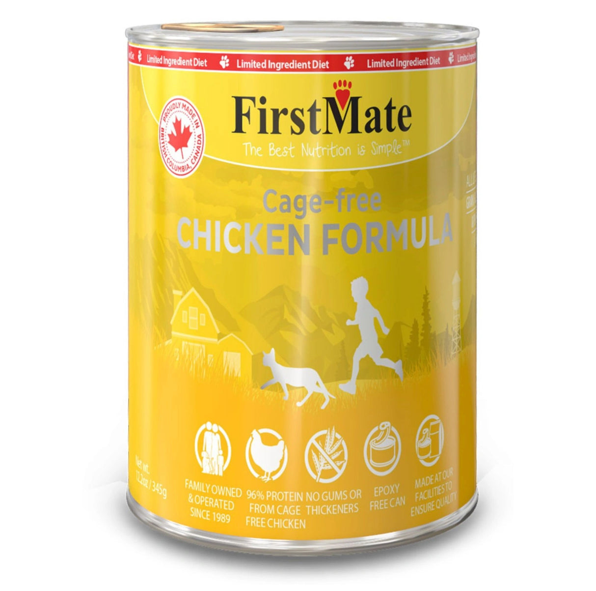 A front view of First Mate Limited Ingredient Grain-Free 12.2 oz Chicken Canned Cat Food on a white background