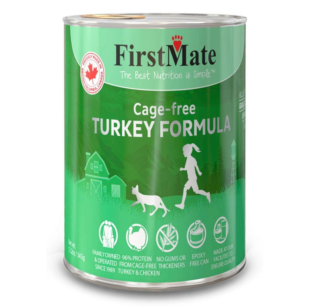 A front view of First Mate Limited Ingredient Grain-Free 12.2 oz Turkey Canned Cat Food on a white background