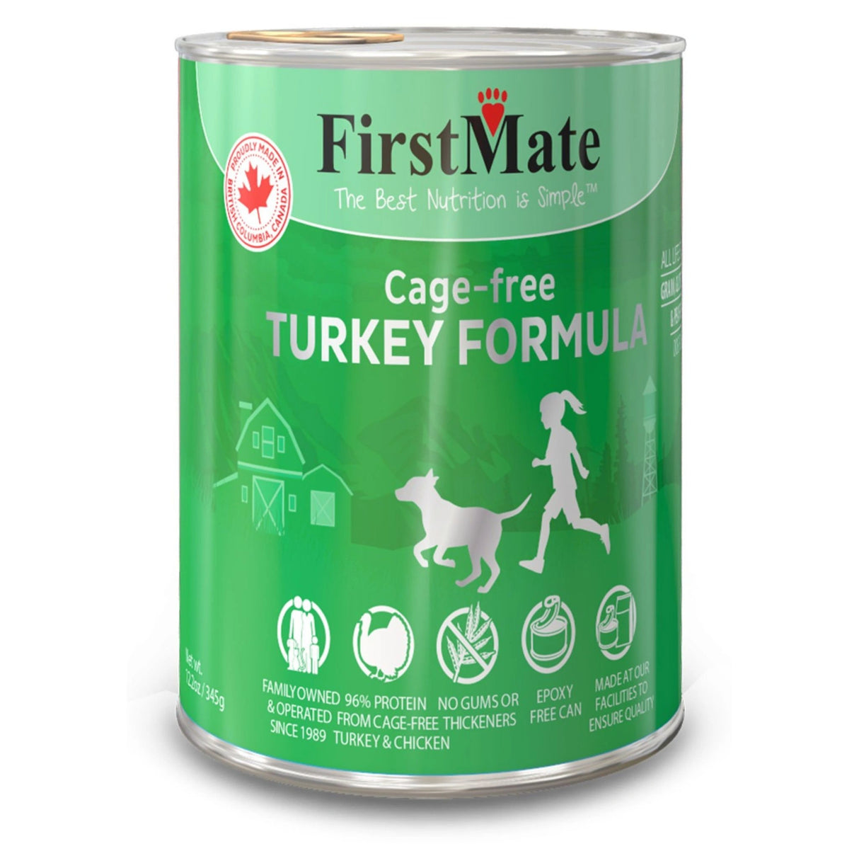 A front view of First Mate Limited Ingredient Grain-Free 12.2 oz Turkey Canned Dog Food on a white background