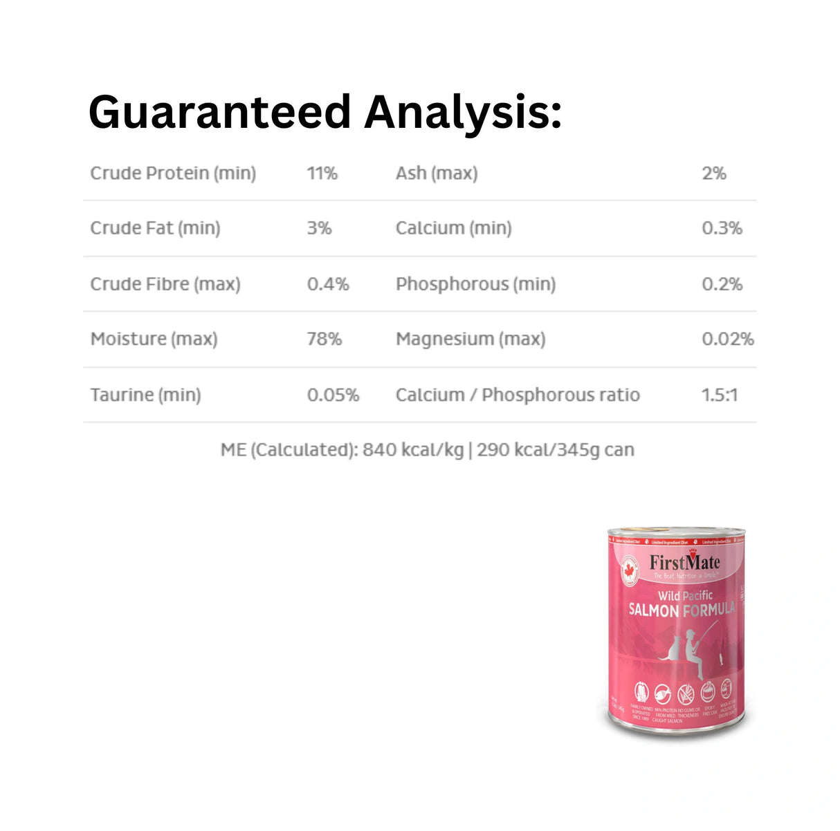 Guaranteed Analysis of First Mate Limited Ingredient Grain-Free 12.2 oz Wild Pacific Salmon Canned Cat Food