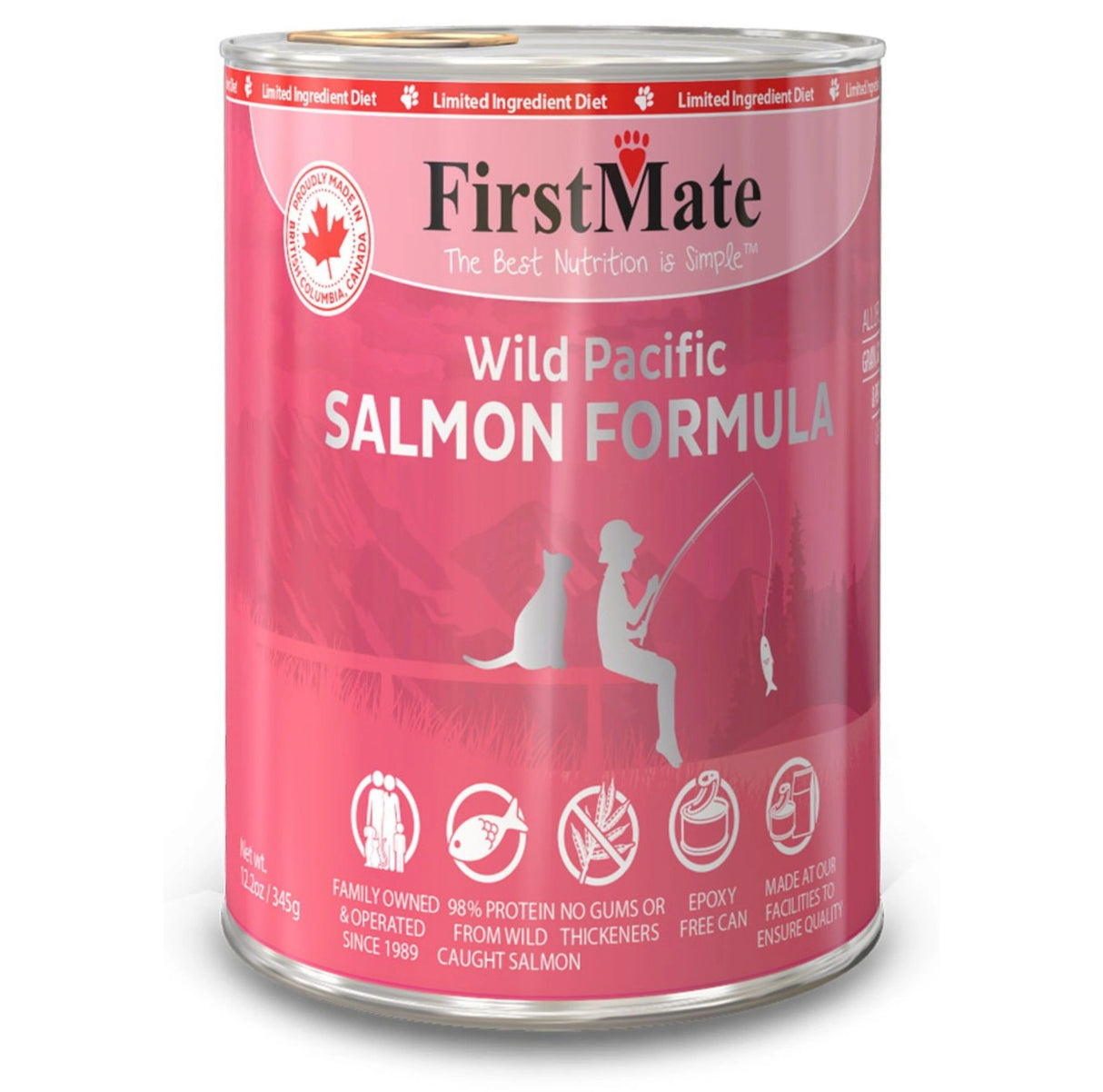 A front view of First Mate Limited Ingredient Grain-Free 12.2 oz Wild Pacific Salmon Canned Cat Food on a white background