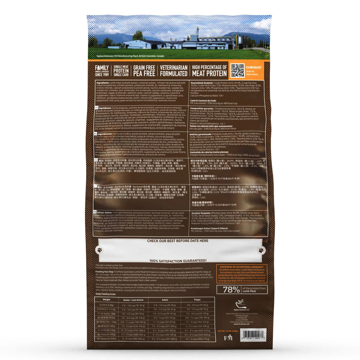 Back part of a bag of First Mate Australian Lamb Meal Dog Food on a white background displaying nutritional information