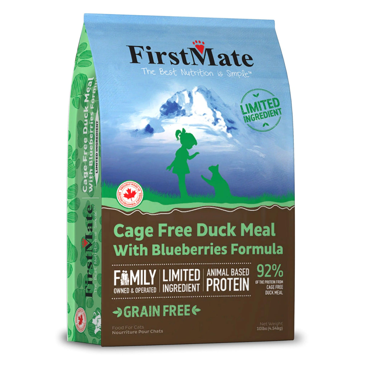 Front part of a bag of First Mate Cage Free Duck Meal with Blueberries Cat Food on a white background