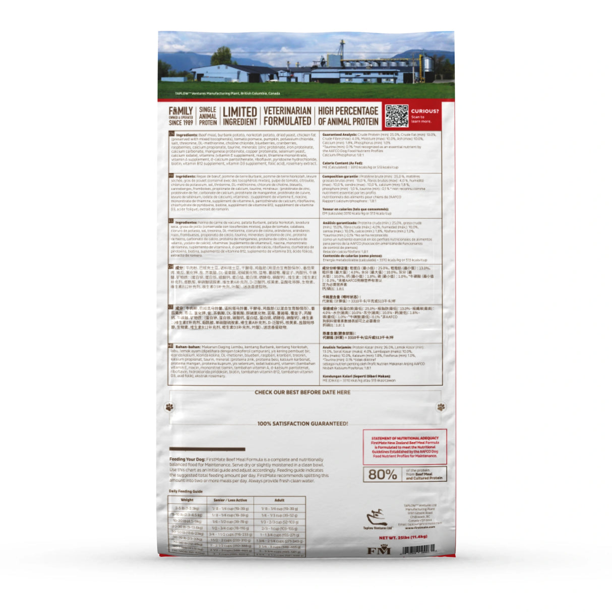 Back part of a bag of First Mate New Zealand Beef Dog Food on a white background showing nutritional information