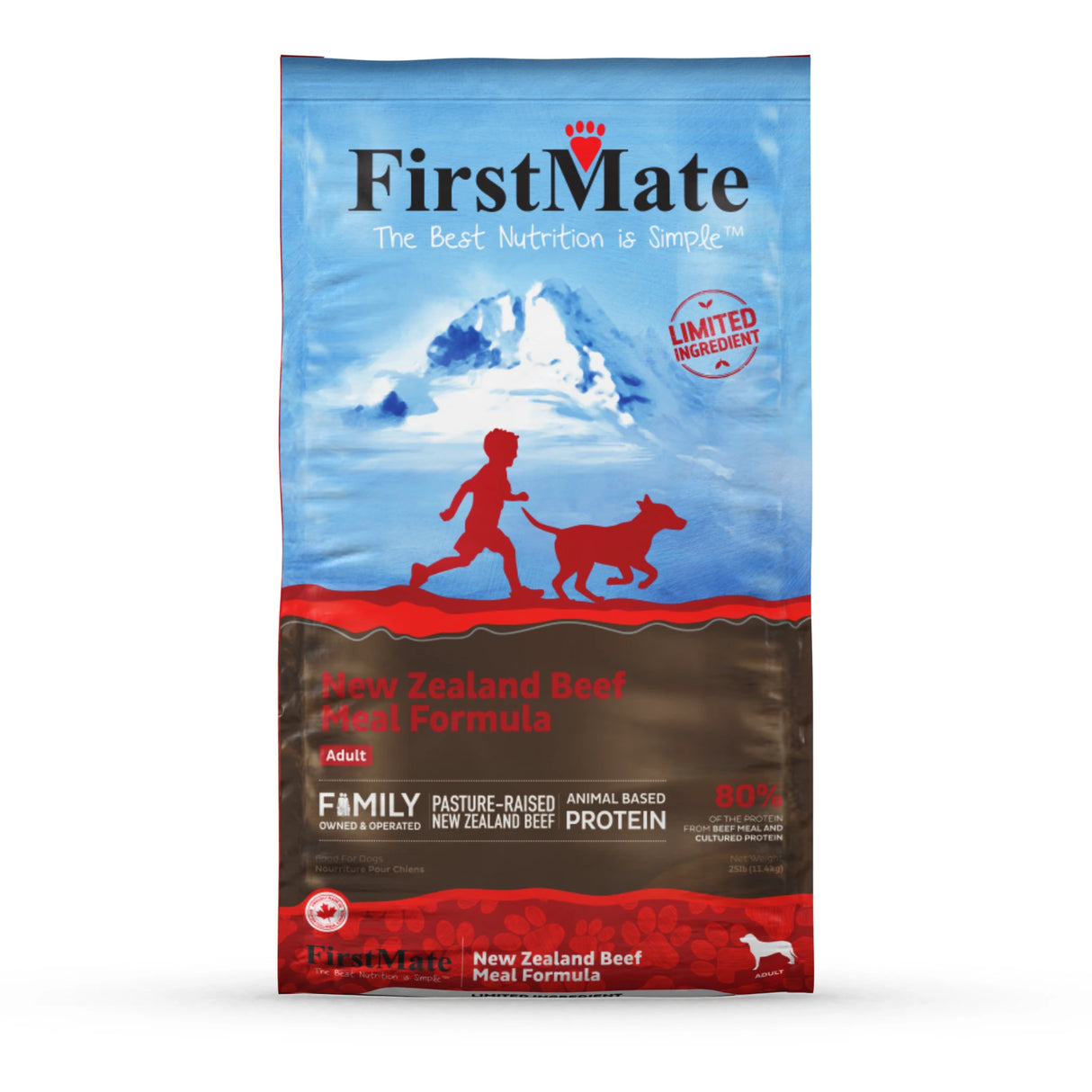 Front part of a bag of First Mate New Zealand Beef Dog Food on a white background