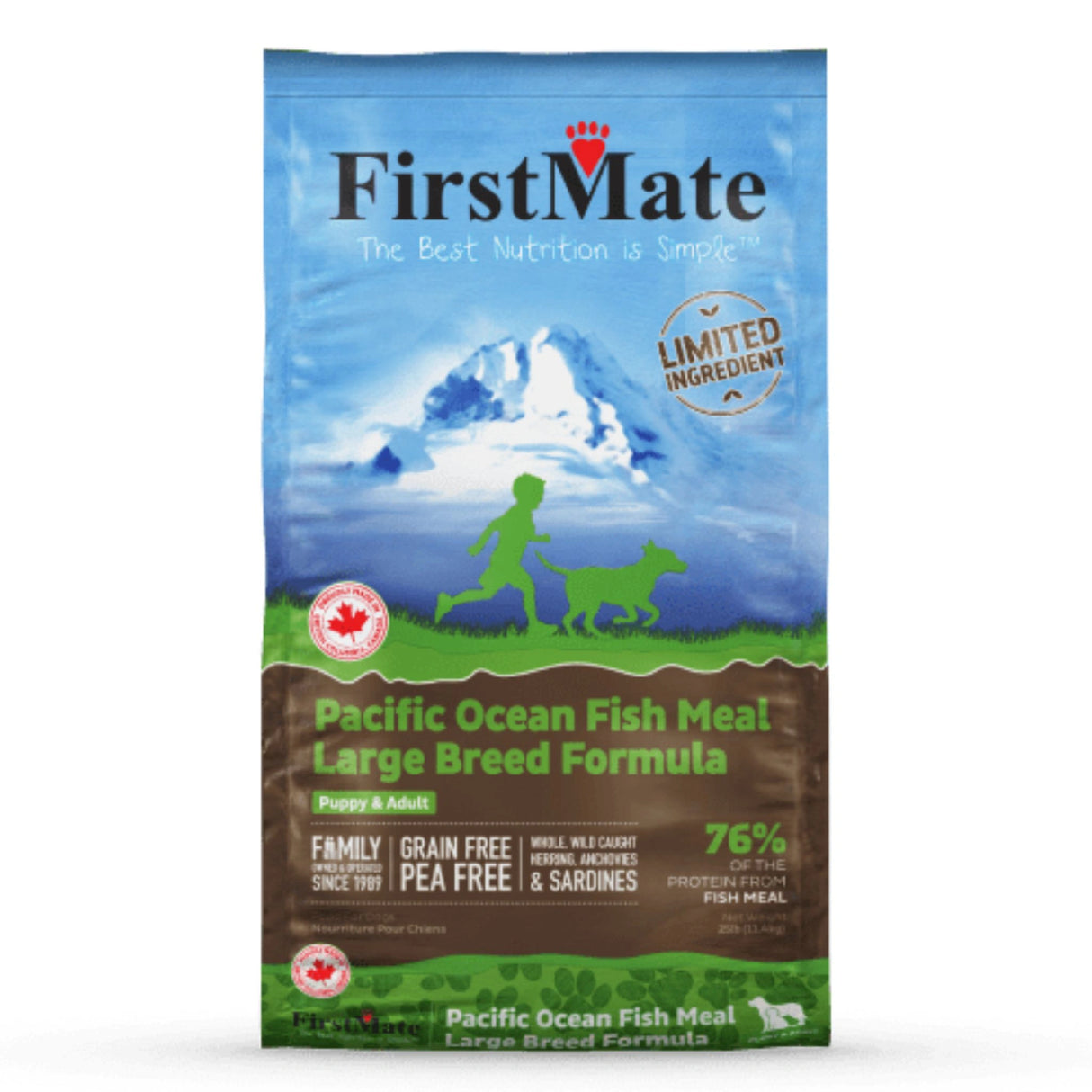 Front part of a bag of First Mate Pacific Ocean Fish Large Breed Formula Dog Food on a white background