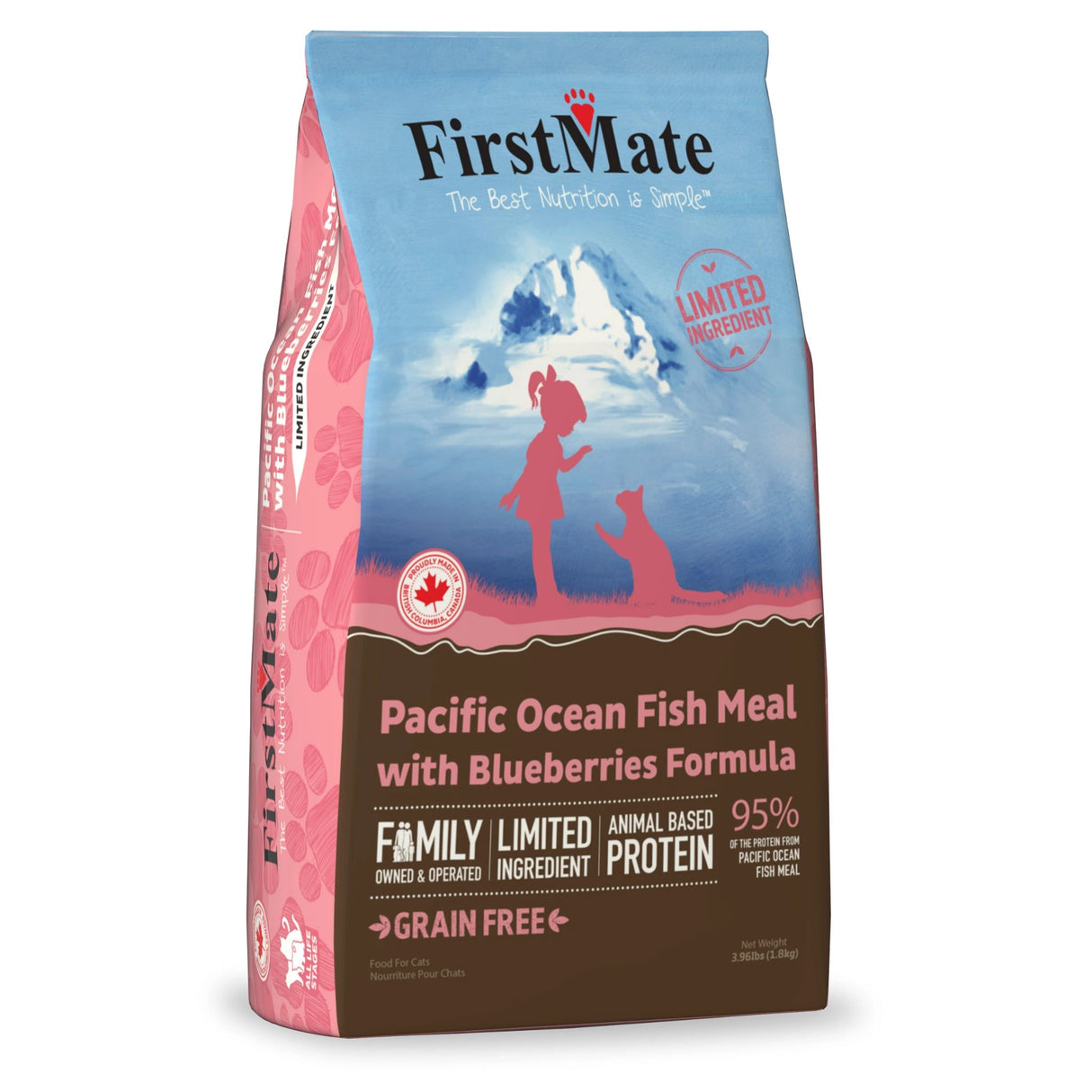 Front part of a bag of First Mate Pacific Ocean Fish Meal with Blueberries Formula Cat Food on a white background