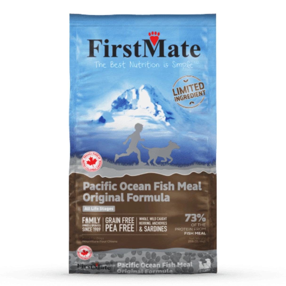 Front part of a bag of First Mate Pacific Ocean Fish Original Dog Food on a white background