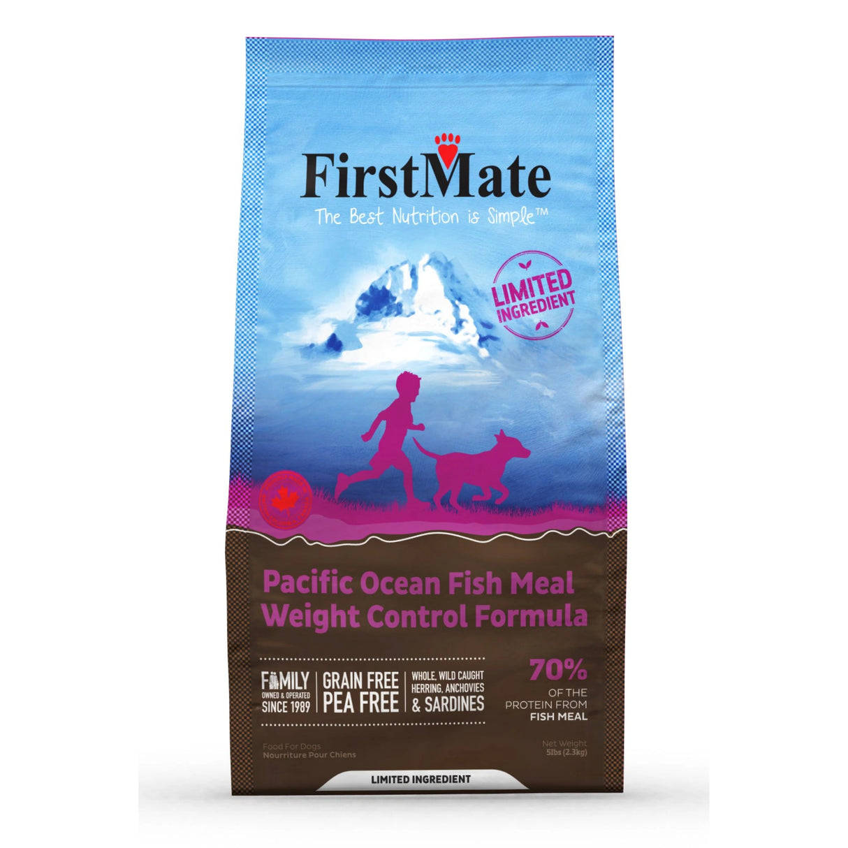 Front part of a bag of First Mate Pacific Ocean Fish Meal Dog Food on a white background