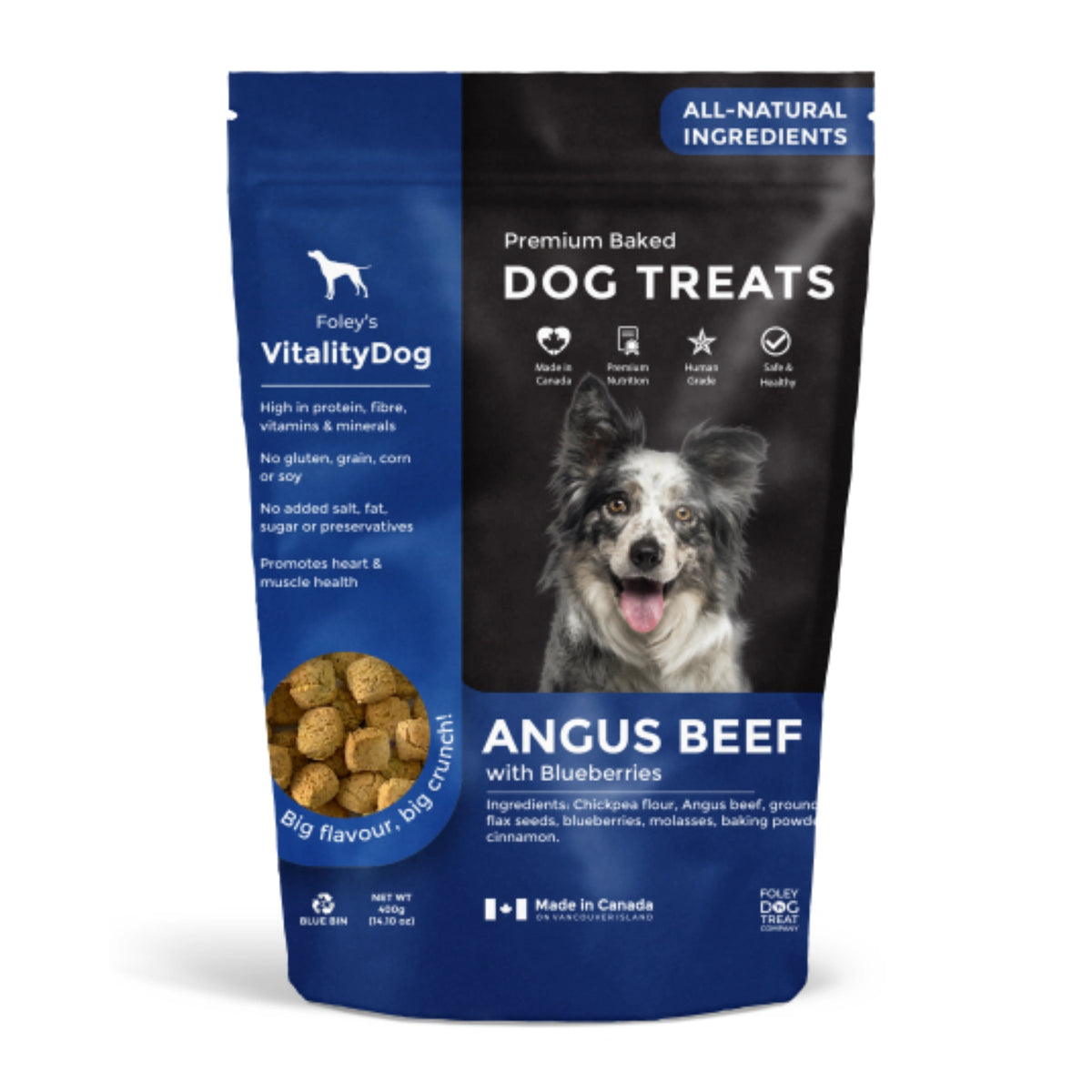 Front view of Foley’s premium baked Angus beef dog treats on a white background