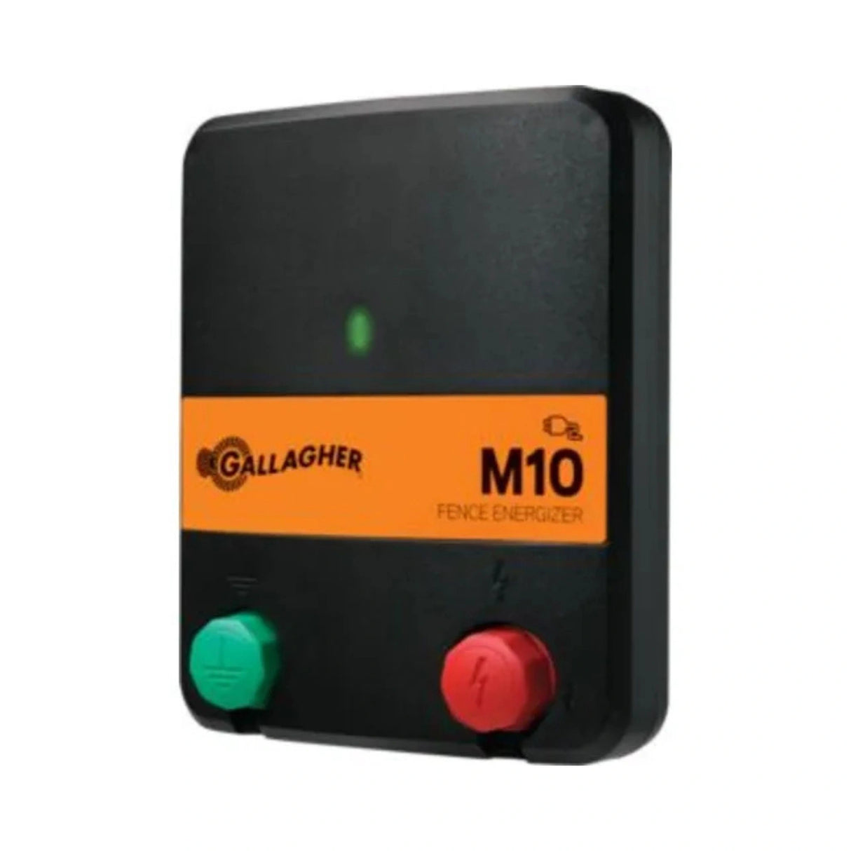 Front view of Gallagher M10 Mains Fence Energizer on a white background