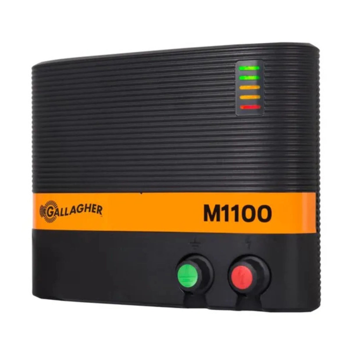 A front view of Gallagher M1100 Mains Fence Energizer on a white background