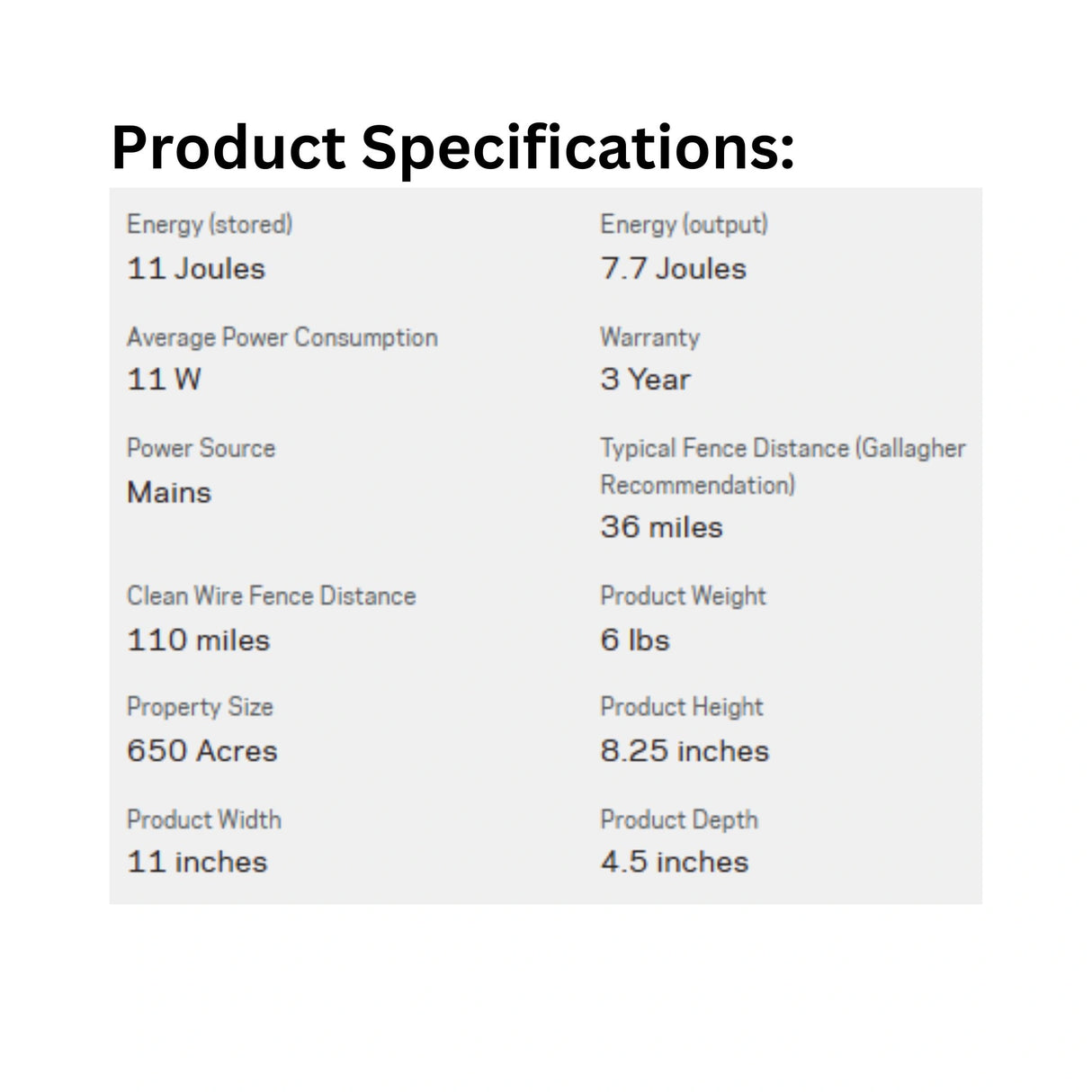 Product specifications of Gallagher M1100 Mains Fence Energizer on a white background