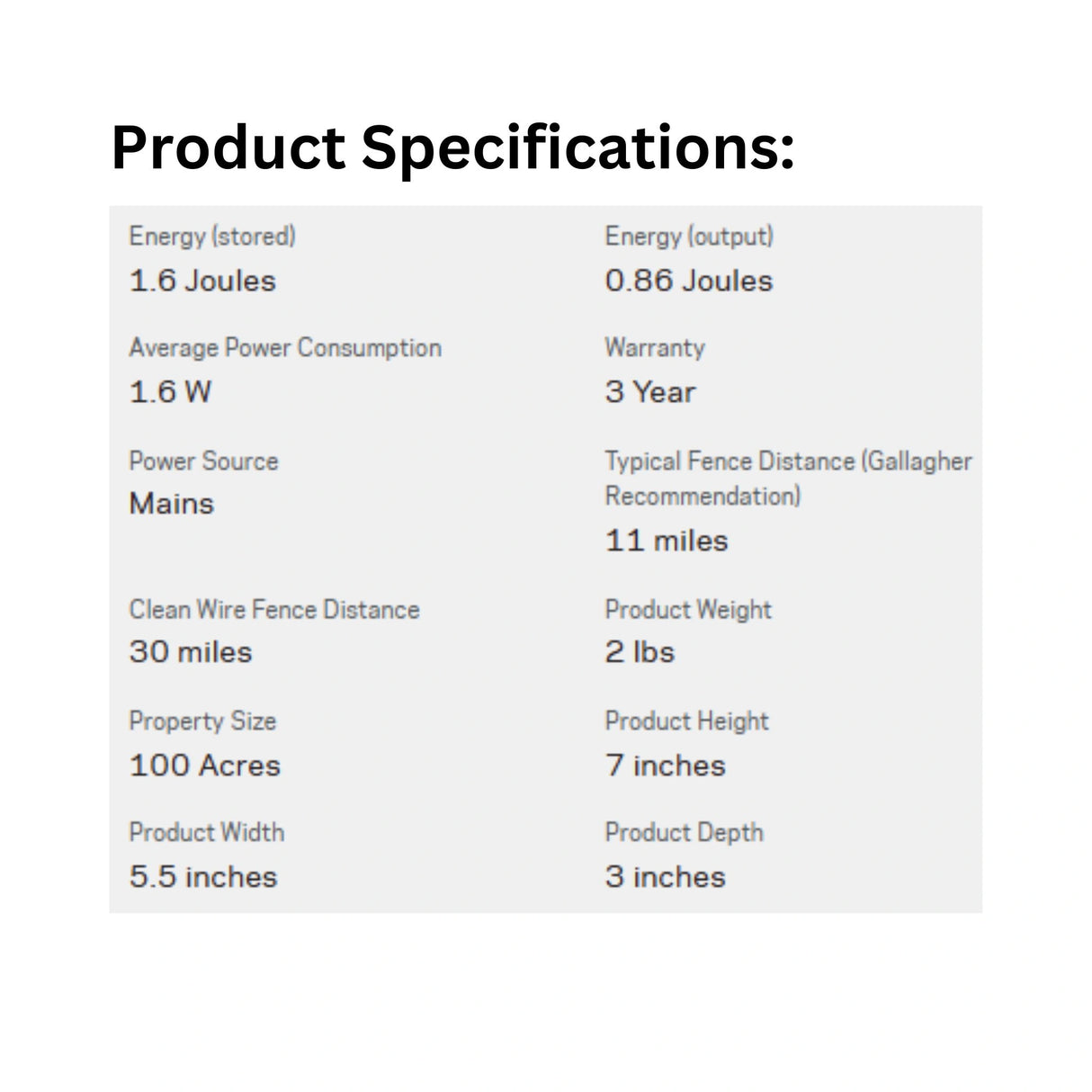 Product specifications of Gallagher M160 Mains Fence Energizer on a white background