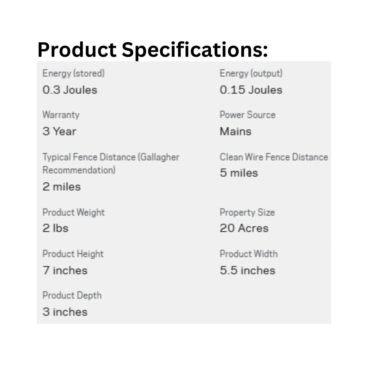 A product specification sheet of Gallagher M30 Mains Fence Energizer on a white background