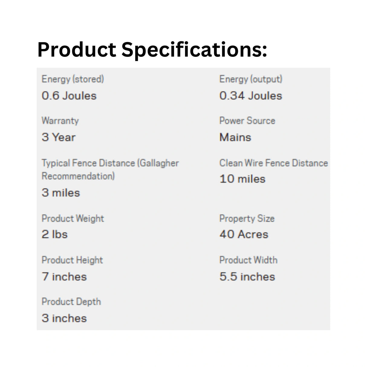 A product specification of Gallagher M60 Mains Fence Energizer on a white background