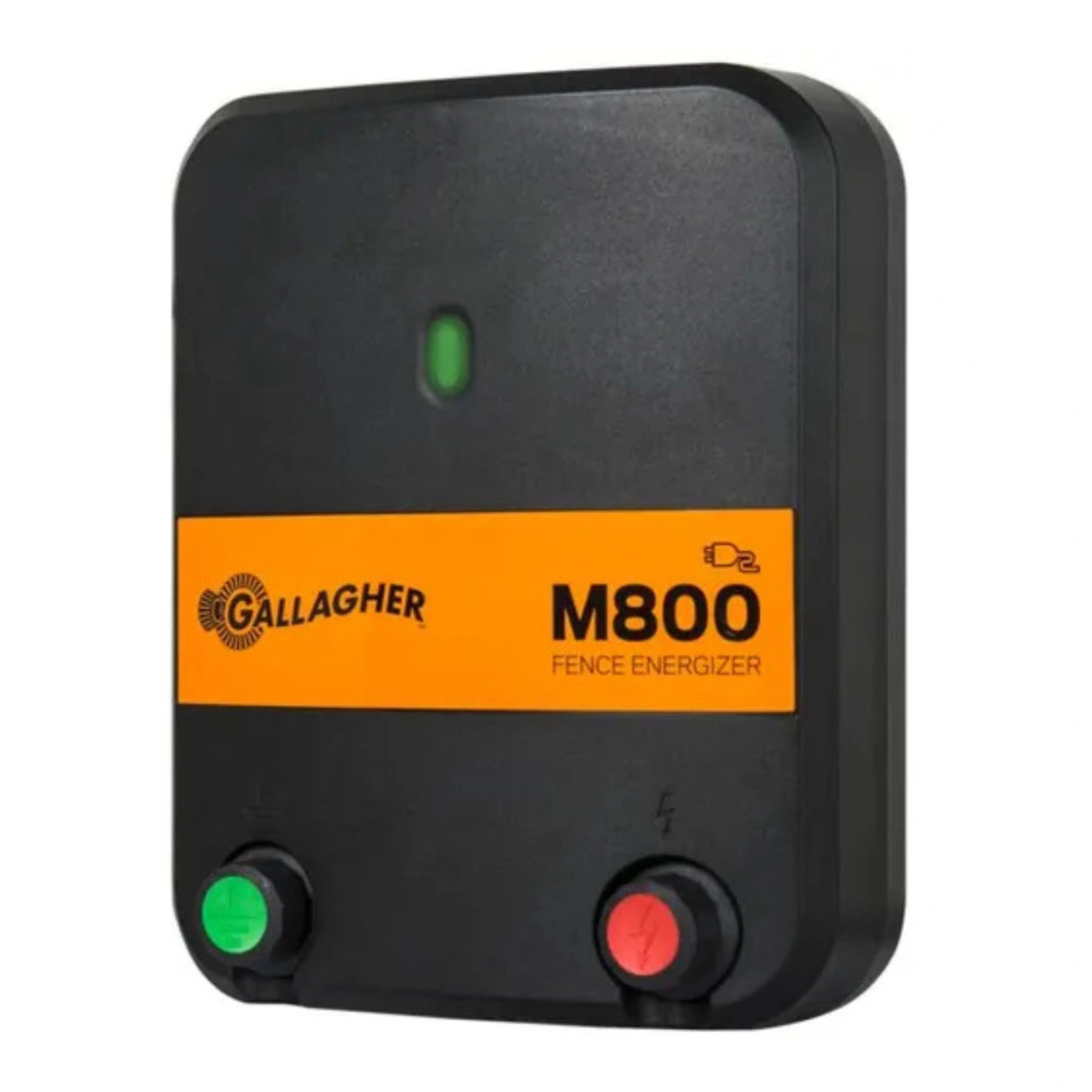 A front view of Gallagher M800 Mains Fence Energizer on a white background