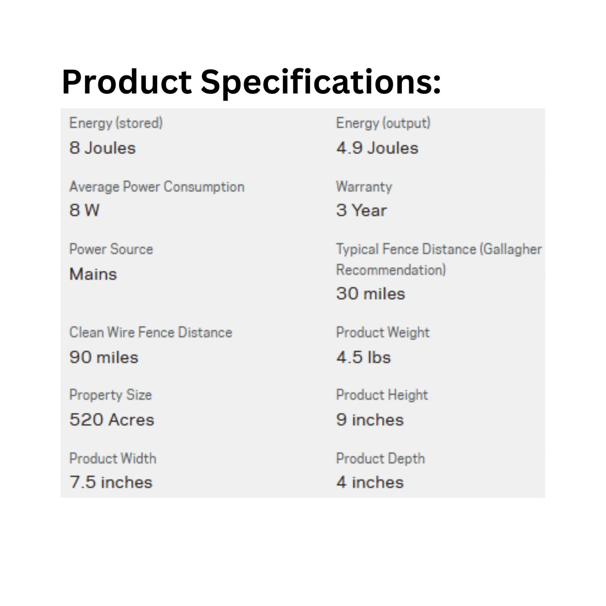 A product specification sheet of Gallagher M800 Mains Fence Energizer on a white background
